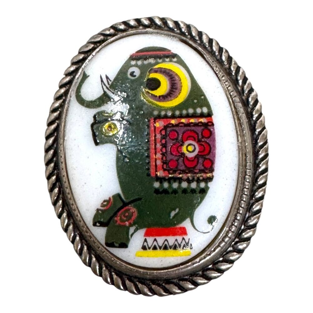 Vintage Circus Elephant Enamel Brooch Pin Silver Tone Rope Border Hand Painted